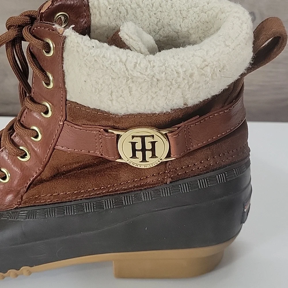 Toomy Hilfiger Brown Leather Lace-Up Winter Duck Boots Sz 8